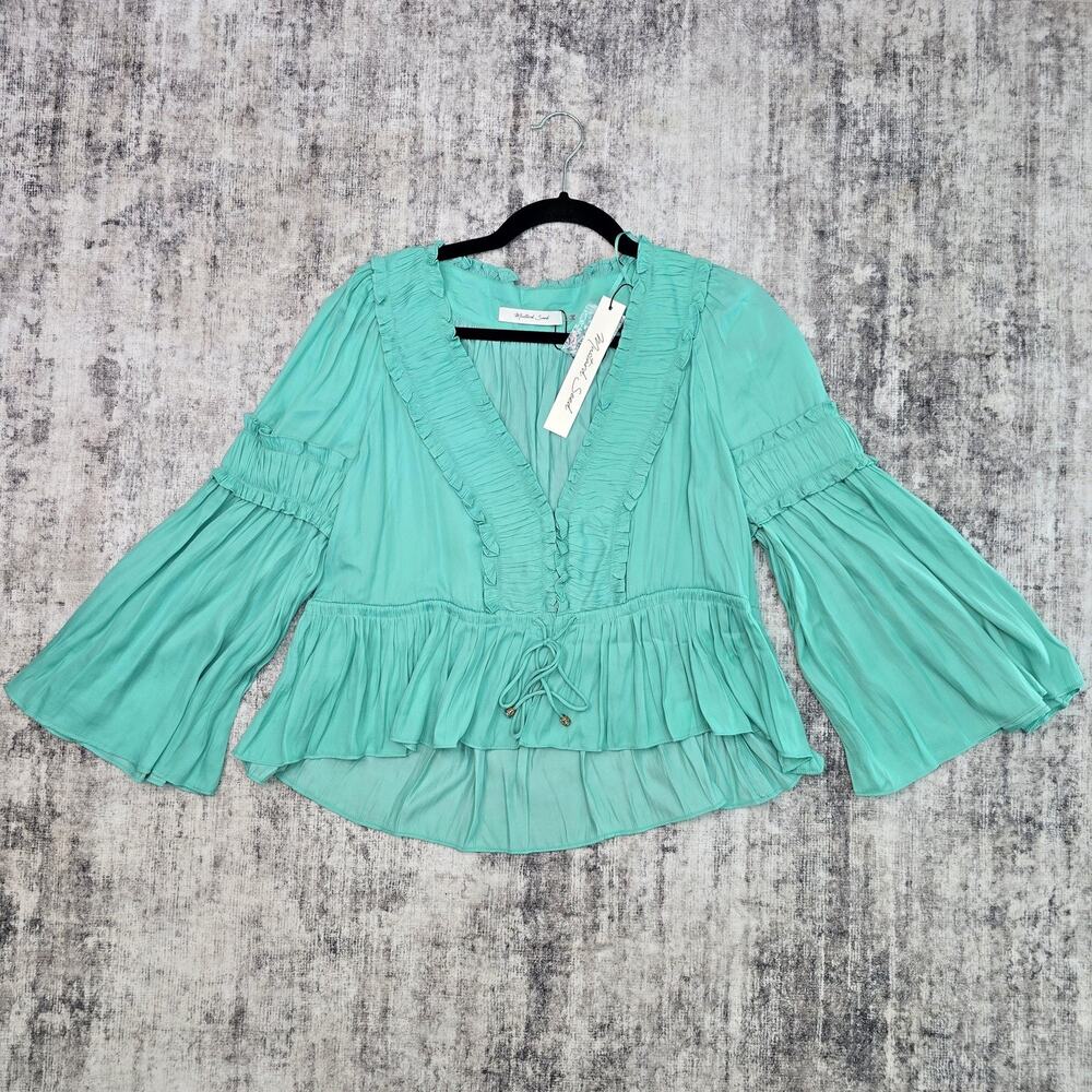 Mustard Seed Blouse Womens Large Green Bell Sleeve Ruffle Peplum Drawstring Top